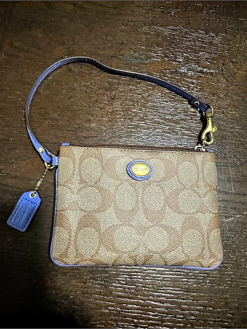 Coach Essential Small Wristlet In Signature Canvas Brown & Blue